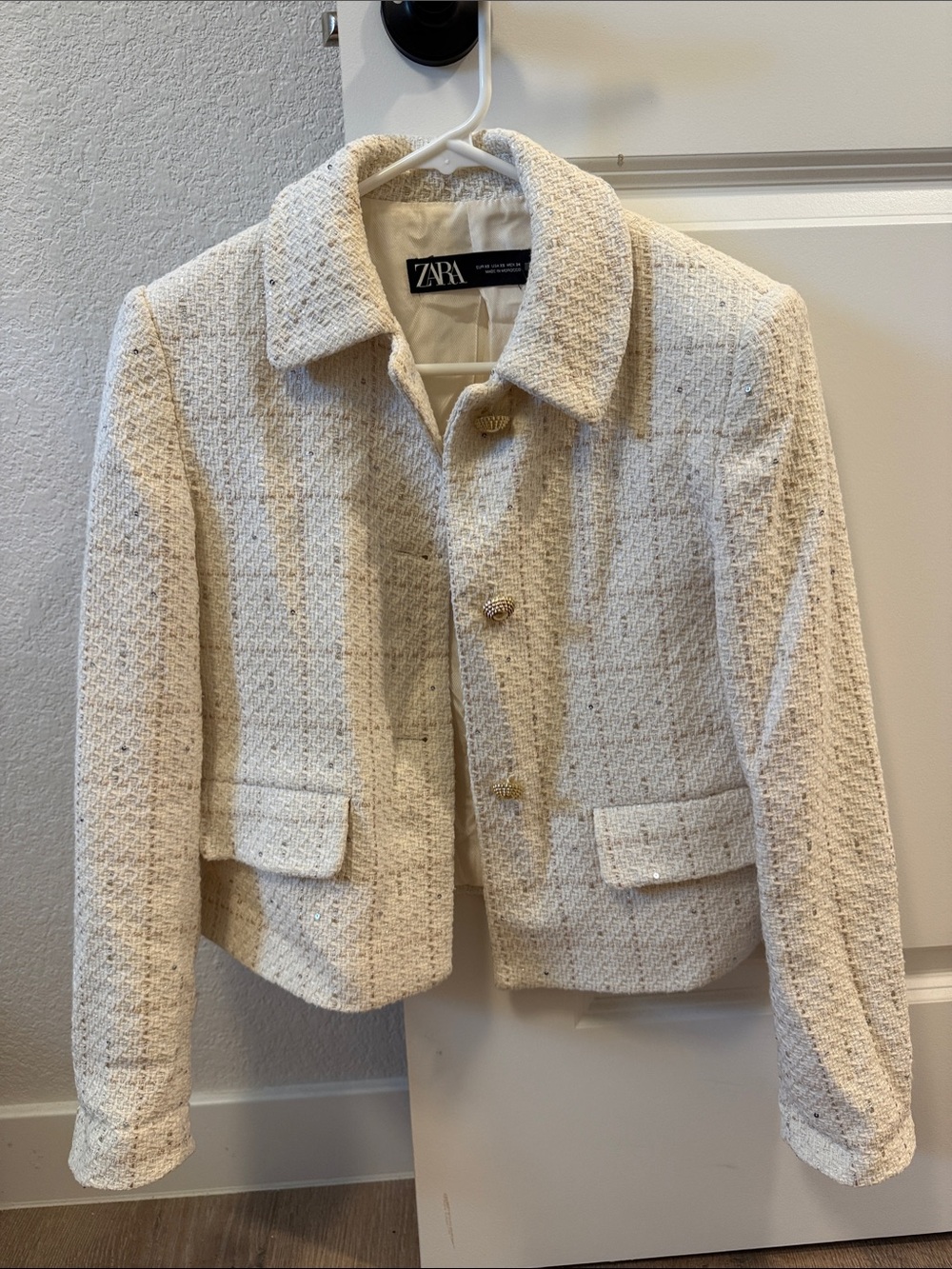 Zara Ivory Textured Tweed Cropped Blazer